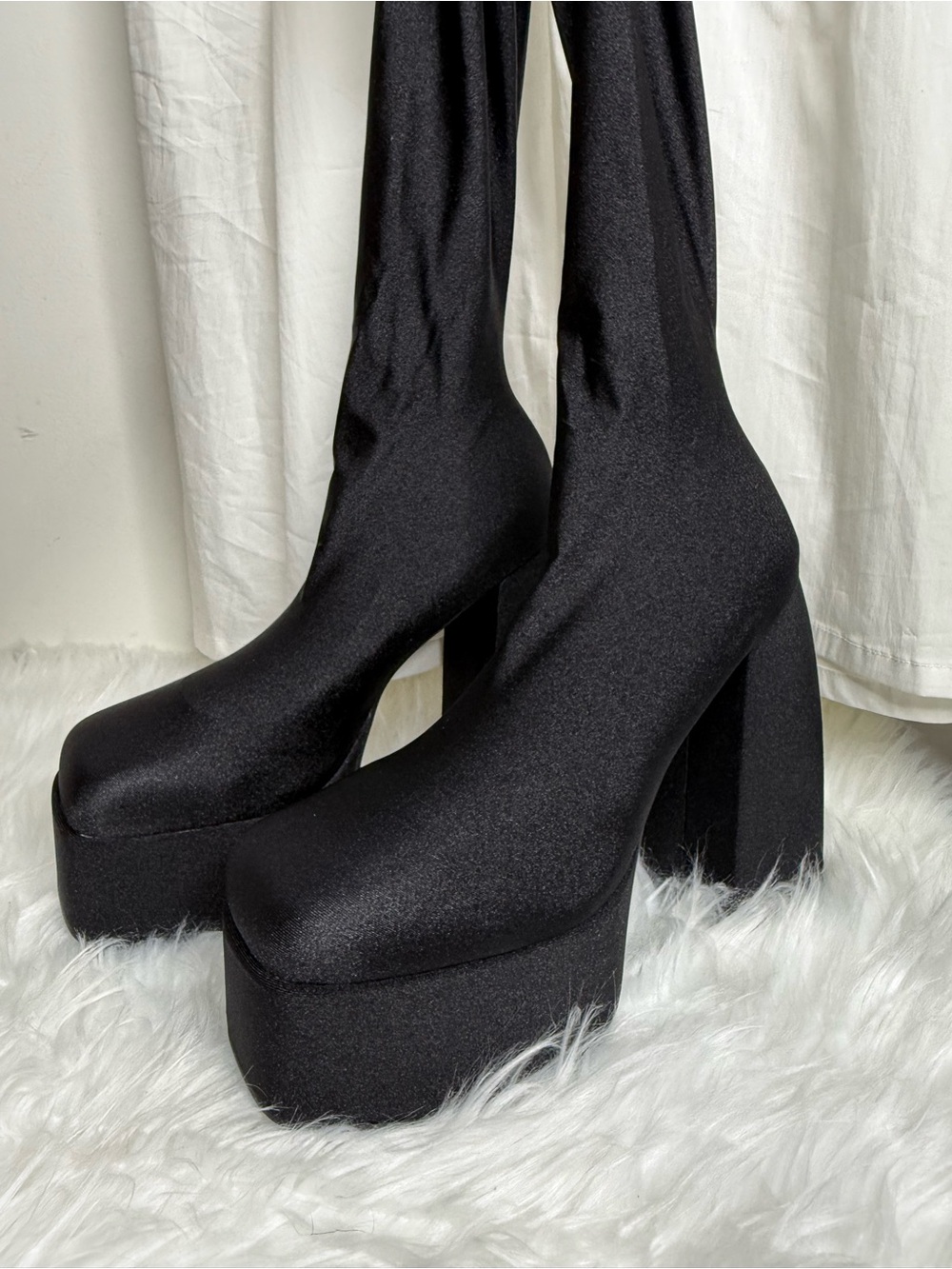 Women's Black Platform legging Boots - Stretch Fabric Block Heel